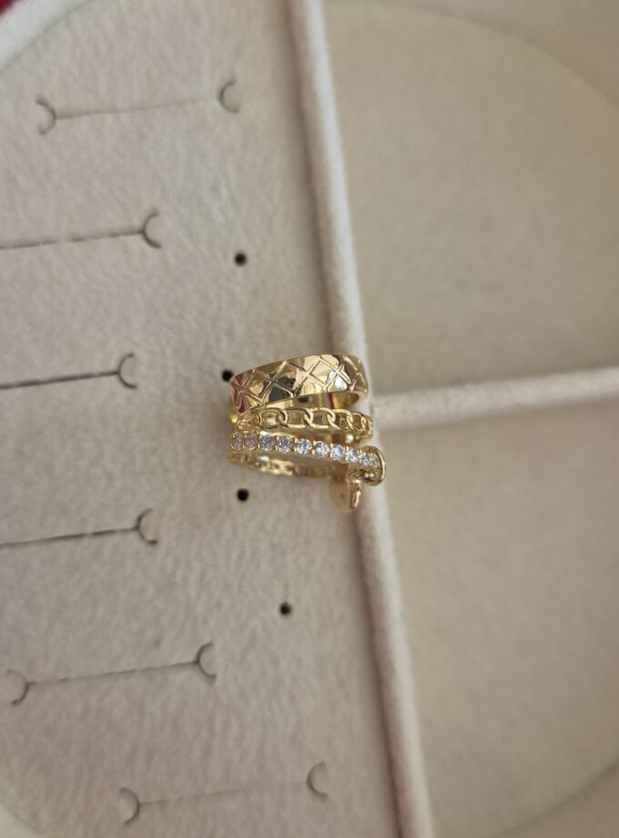 Gold Baklava Desenli Ve Zincir Detaylı Taşlı Ear Cuff