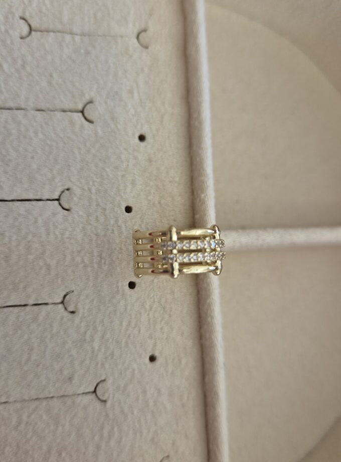 Lüks Geometrik Izgara Motifli Taşlı Gold Ear Cuff