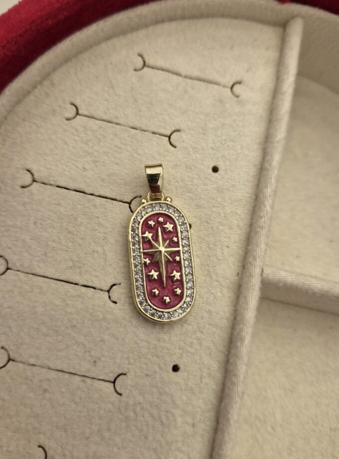 Lüks Pembe Mineli Işıltılı Yıldız Motifli Gold Kolye Ucu