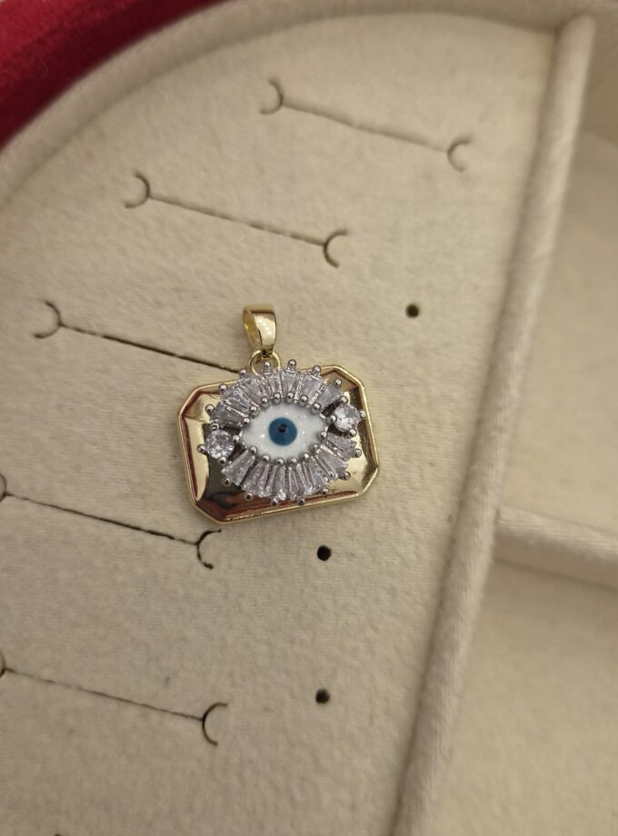 Gold Dikdörtgen Plaka Baget Taş Çerçeveli Nazar Göz Kolye Ucu
